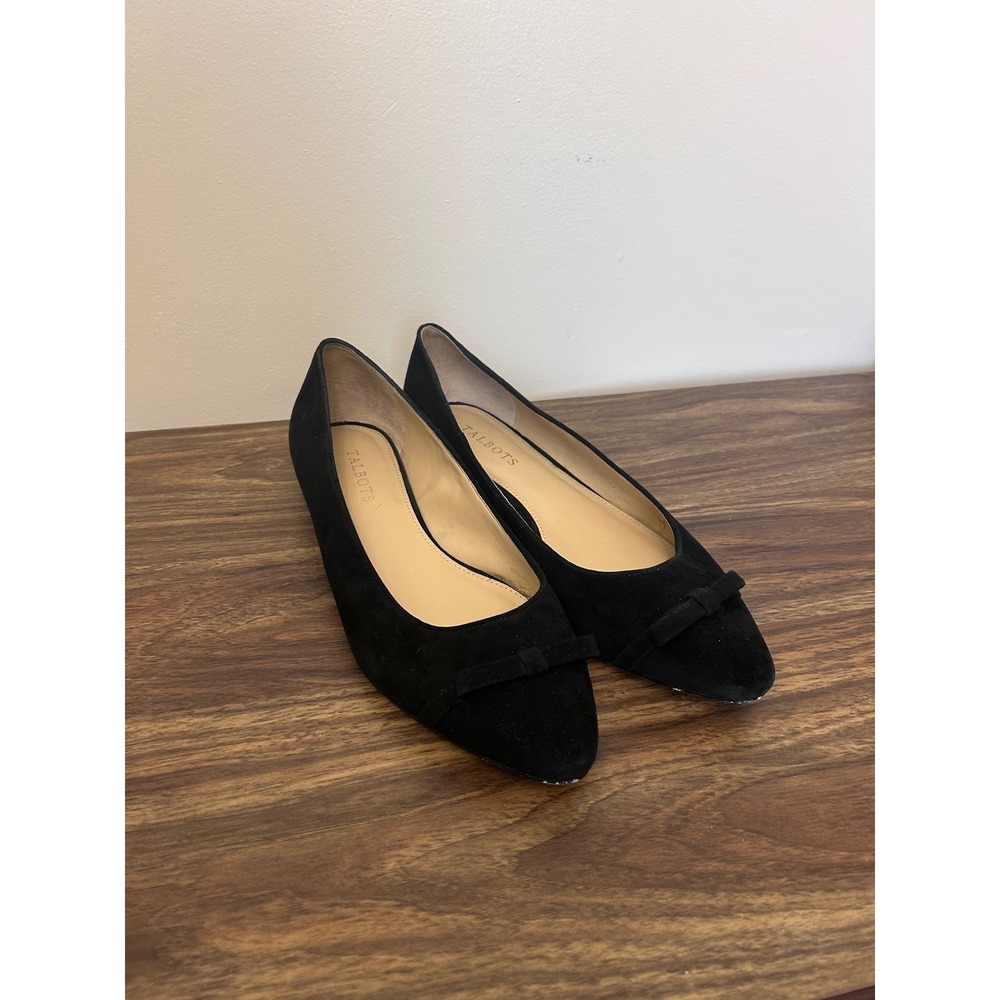 Talbots Black Suede Pointed Toe Bow Flats Womens 9.5 N Narrow Professional Shoes